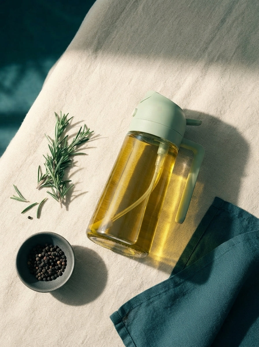 A 2-in-1 glass oil dispenser sits on a warm cream linen surface next to fresh rosemary and a small charcoal bowl.